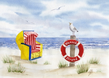 Postkarte DIN-A6 Aquarell Maritim Kunst Druck Kunstdruck Nordsee Cuxhaven Duhnen Strandkorb Strand Meer